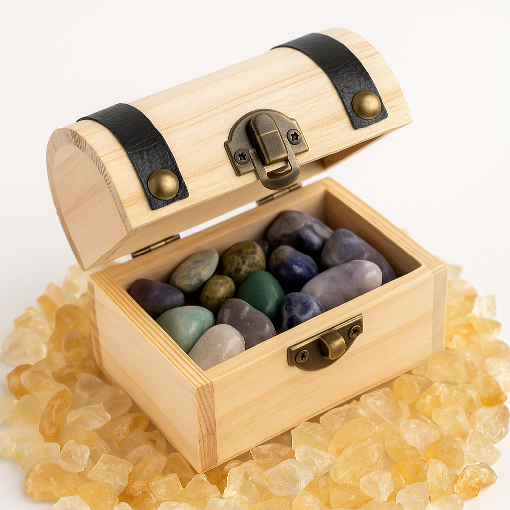 Open het deksel van dit houten schatkistje en ontdek een fonkelende wereld vol magische edelstenen — perfect om kleine harten te verwonderen en grote fantasieën tot leven te brengen.