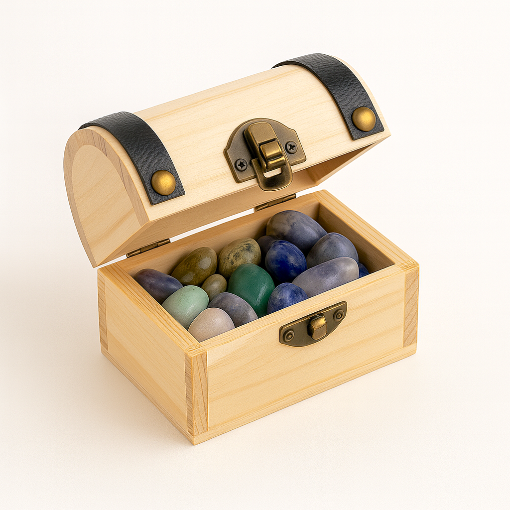 Open het deksel van dit houten schatkistje en ontdek een fonkelende wereld vol magische edelstenen — perfect om kleine harten te verwonderen en grote fantasieën tot leven te brengen.